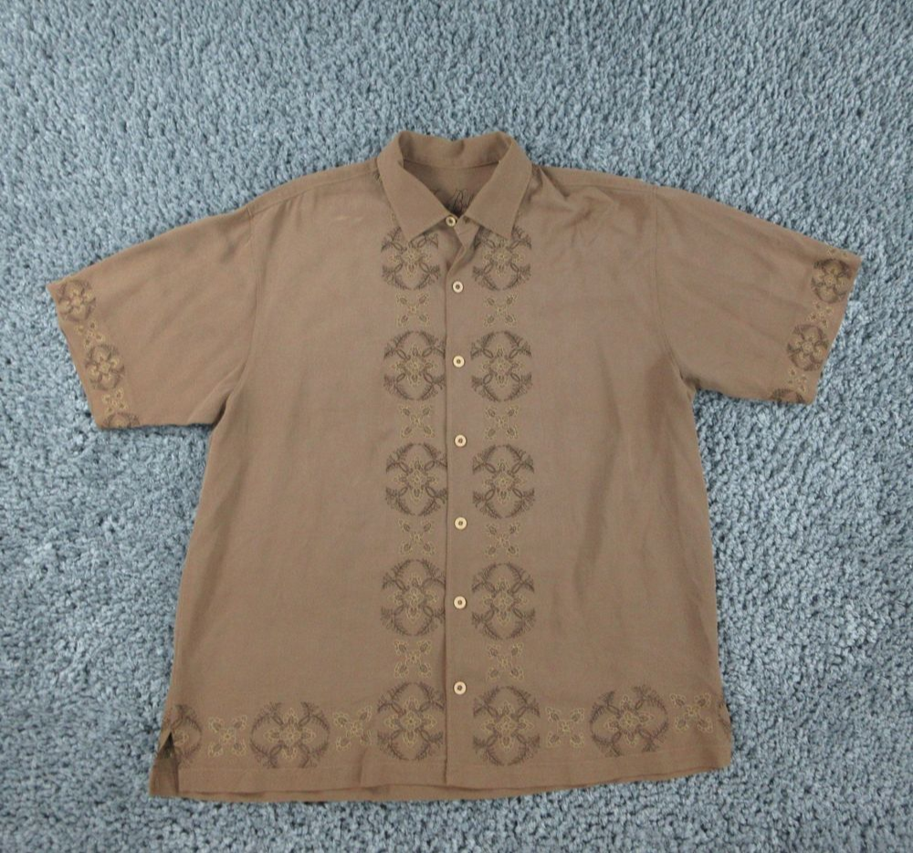 Tommy Bahama Shirt Mens Extra Large Brown Geometric Embroidered Silk '